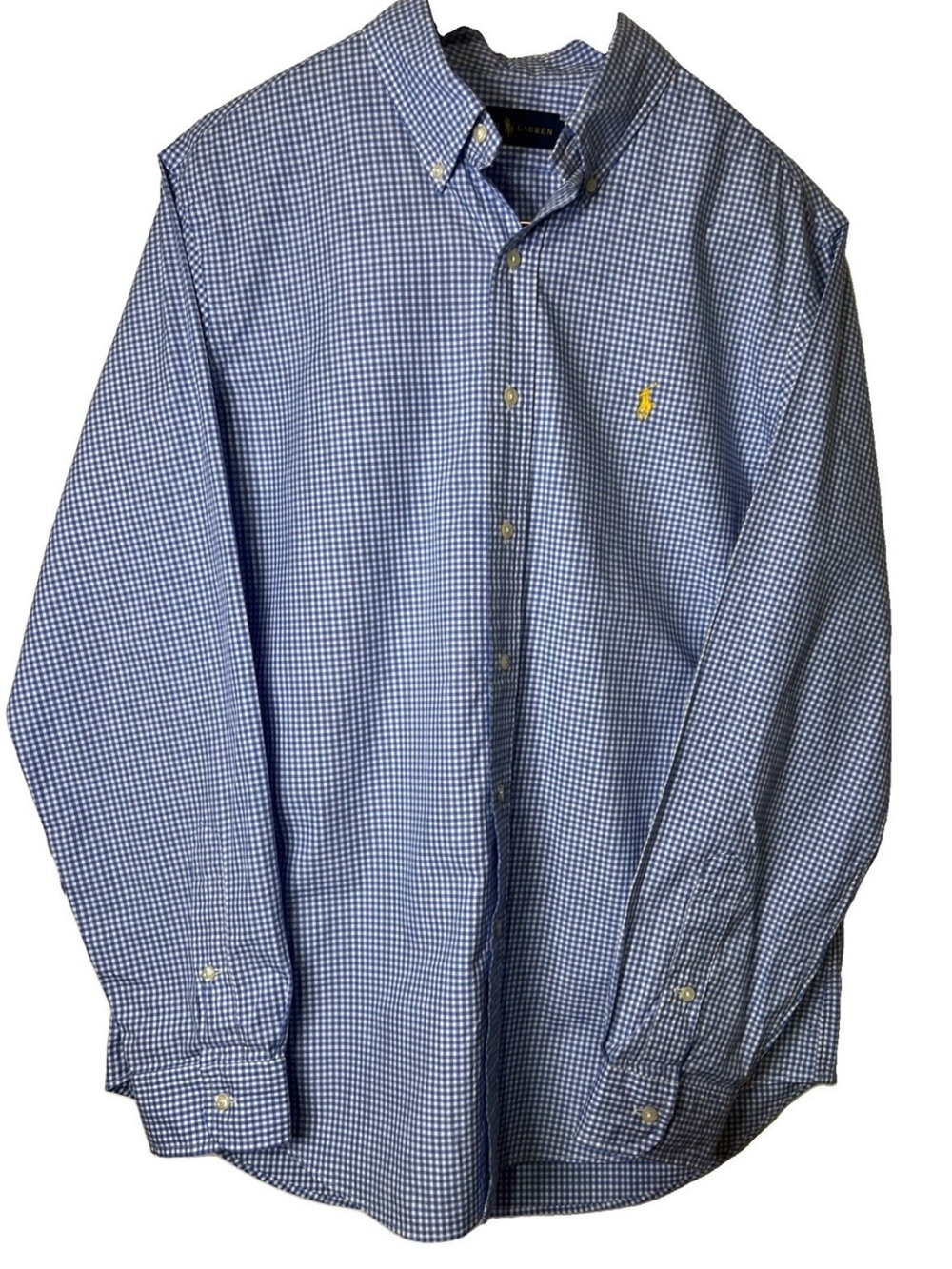 Ralph Lauren Blue Gingham Button-Down Shirt with Yellow Logo